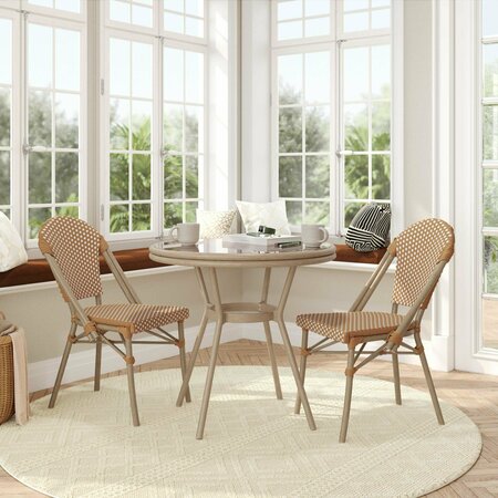 FLASH FURNITURE Lourdes French Bistro 31.5in. Tbl, Natural/Wht PE Rattan, Glss Top w/2 Stck Chairs - Light Natural SDA-AD641012-80-2001-F-NATWH-LTNAT-GG